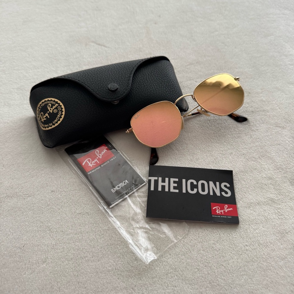 Ray-Ban Hexagonal Flat Lenses Polished Arista Gold Sunglasses Bronze Lens 51 21